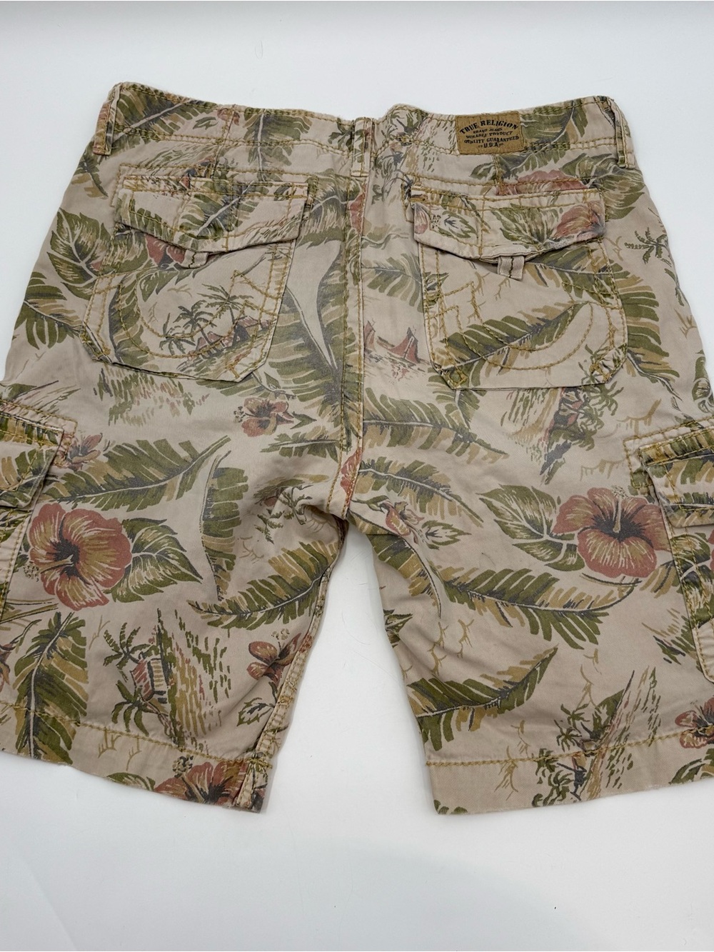 True Religion Beige Tropical Floral Cargo Shorts with Green Accents